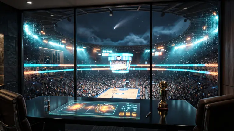 Executive glass tactical desk showing basketball court heat-maps and roster diagrams overlooking a floodlit stadium bowl.