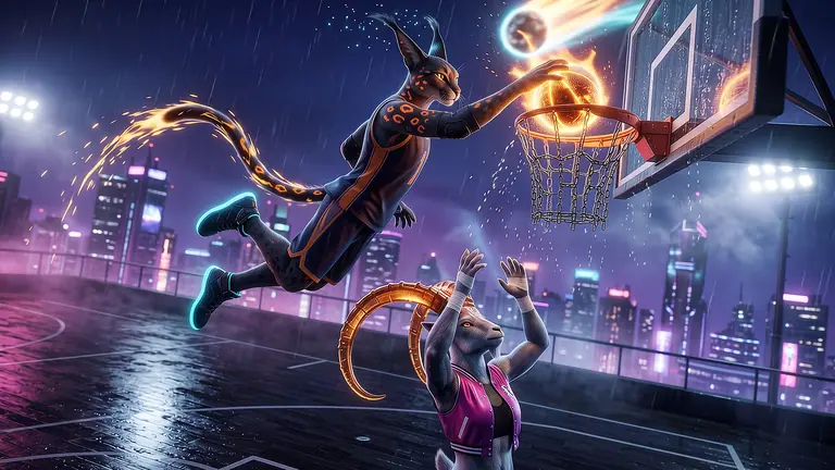 Kometor Vane leaping high above a glass backboard to dunk a glowing comet-basketball off an alley-oop pass from Hoopara Korr on a rain-slicked rooftop court beneath a blazing comet.