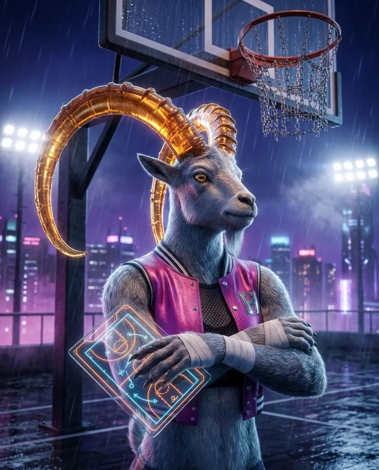 Portrait of Hoopara Korr standing beneath a floodlit basketball stanchion with her amber glass horns catching the comet glow.