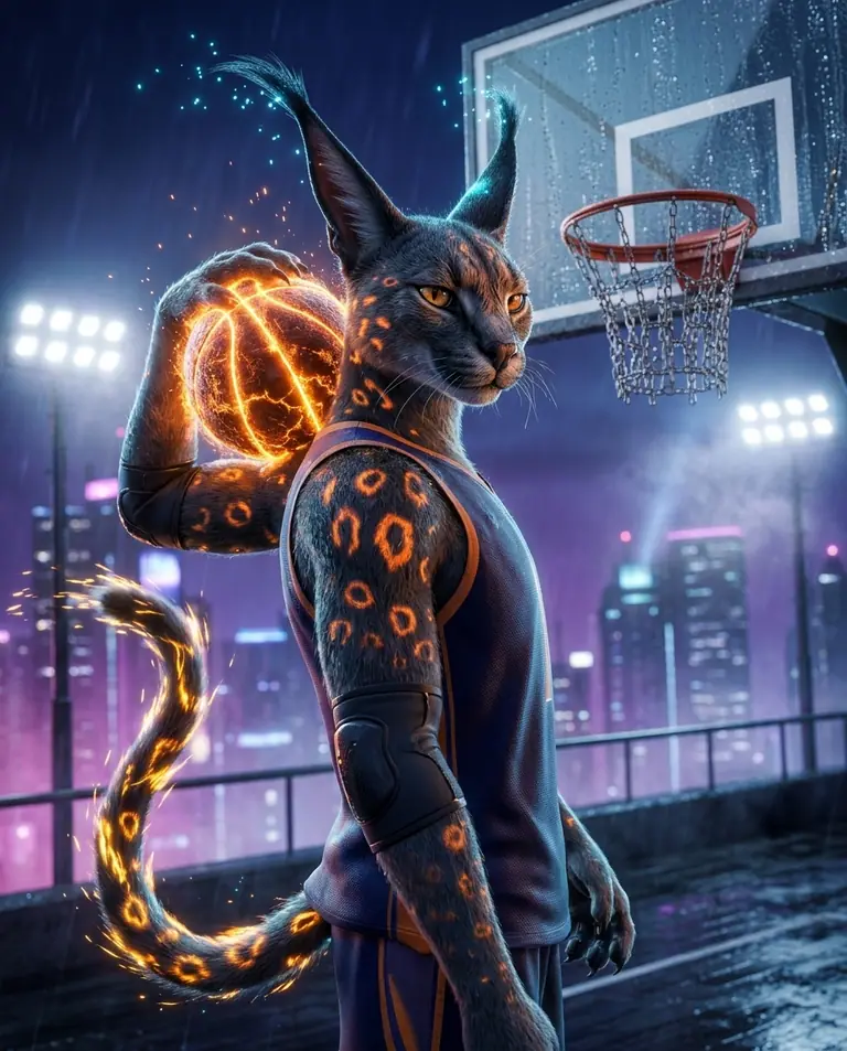 Portrait of Kometor Vane holding a glowing comet-basketball on his shoulder beside a rain-beaded glass backboard.