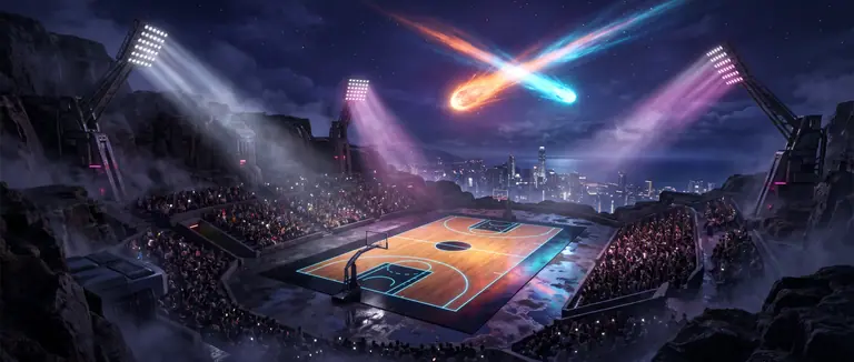 Panoramic view of the floodlit Perihelion Bowl rooftop basketball amphitheatre reflecting a blazing comet in its wet obsidian court.