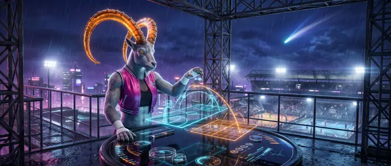 Hoopara Korr studying holographic basketball court and pitch trajectories on a rooftop observatory table overlooking the stadium.